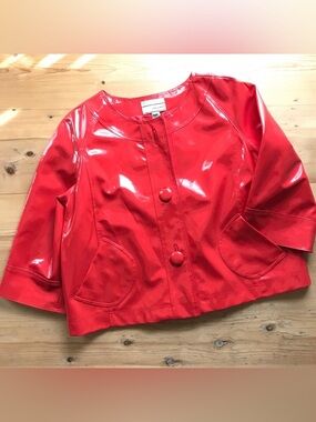 Vintage Red Rain Jacket Large Carrie Allen Short Shiny Swing Coat EUC